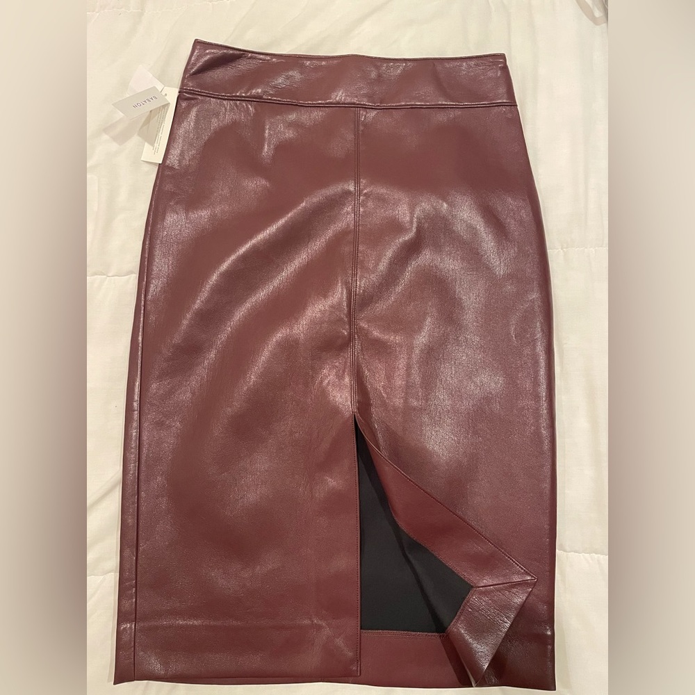 NWT Aritiza Oxblood Faux leather Babaton Midi skirt with Front Slit